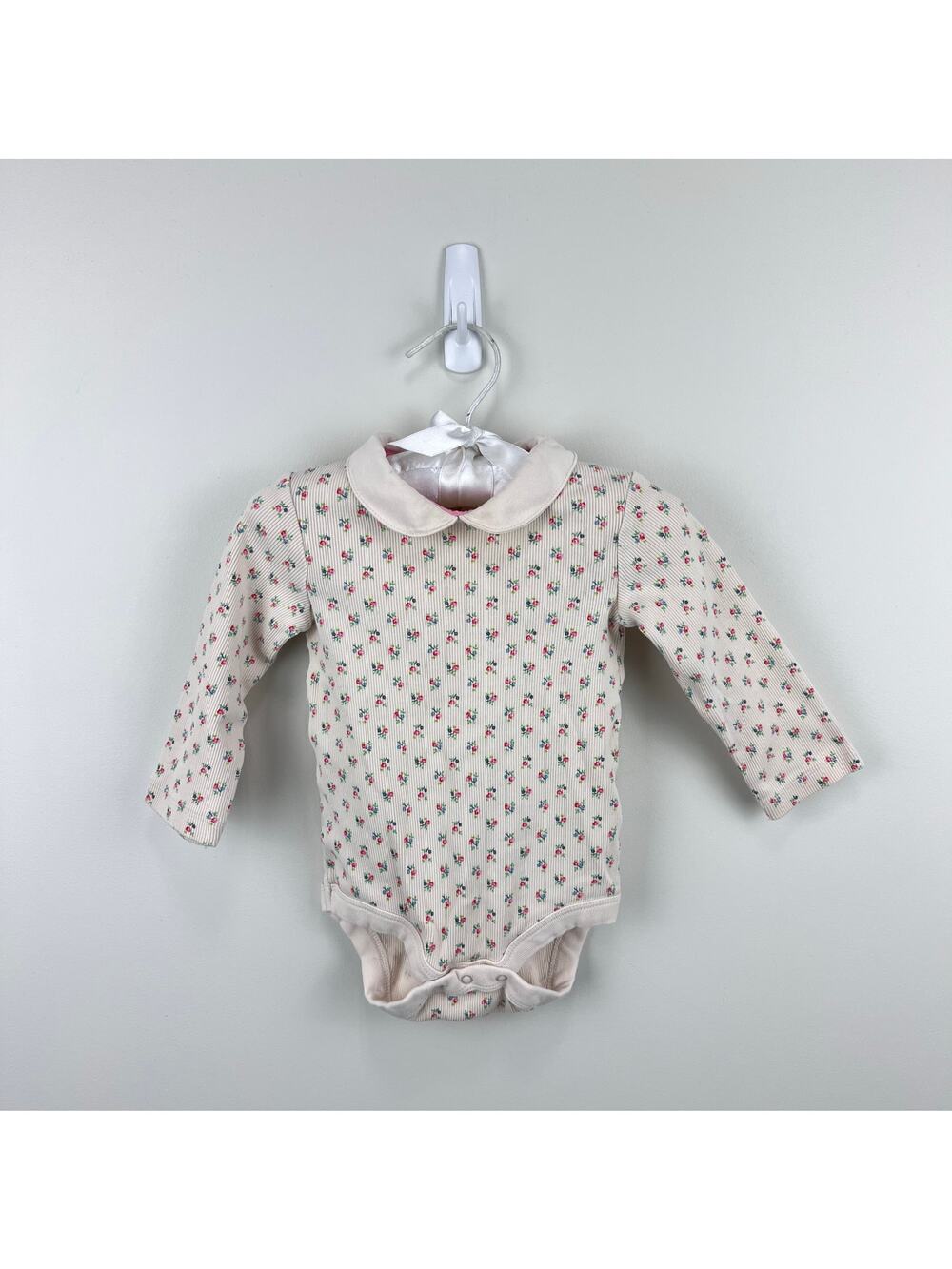 Mini Boden Long Sleeve Floral Peter Pan Collar Ribbed Bodysuit 3-6 Months